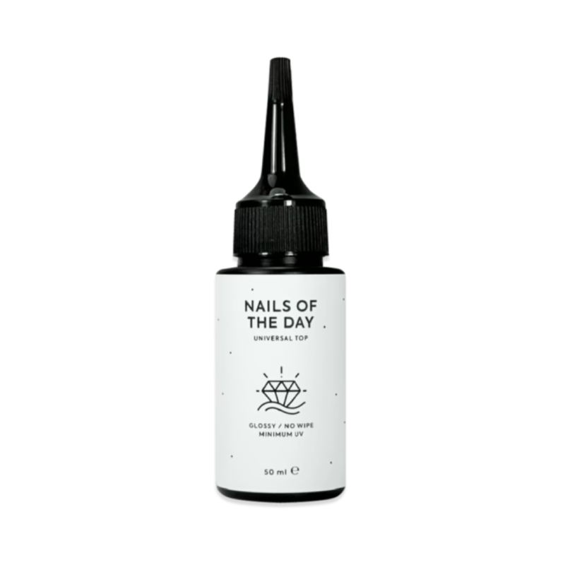 Universal Top No Wipe NAILS OF THE DAY, top coat brillante sin capa pegajosa y con filtros UV mínimo, 50 ml