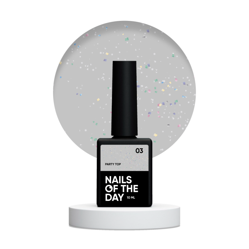Party Top 03 NAILSOFTHEDAY, transparente con purpurina holográfica, sin capa adhesiva, 10 ml