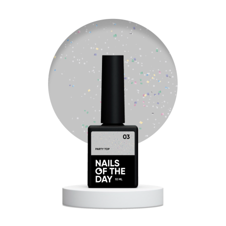 Party Top 03 NAILSOFTHEDAY, transparente con purpurina holográfica, sin capa adhesiva, 10 ml